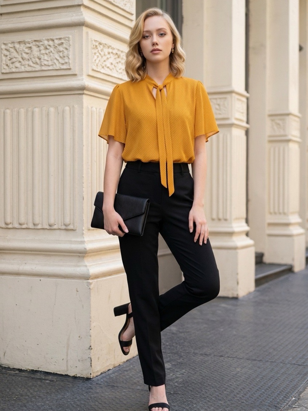 Women’s Mustard Tie-Neck Blouse